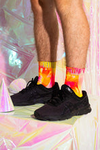 Load image into Gallery viewer, Fluro Yellow/Pink Tie-Dye Reflective Hemp Socks.
